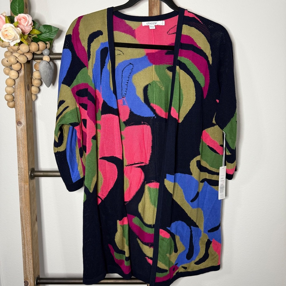 Chicos Abstract Floral Print Duster Cardigan Navy Blue Pink Green Size Small - Picture 2 of 10